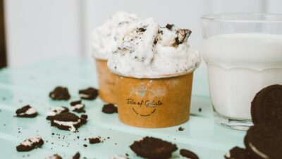 close up of ice cream and a glass of milk