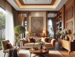 Ruang tamu elegan dengan sofa dan meja jati Blora Surabaya